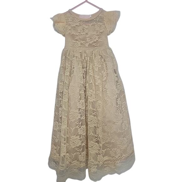 Think Pink Bows Toddler Size 3 Baby Doll Dress Long Cream/ Beige Lace NEW - Picture 1 of 6